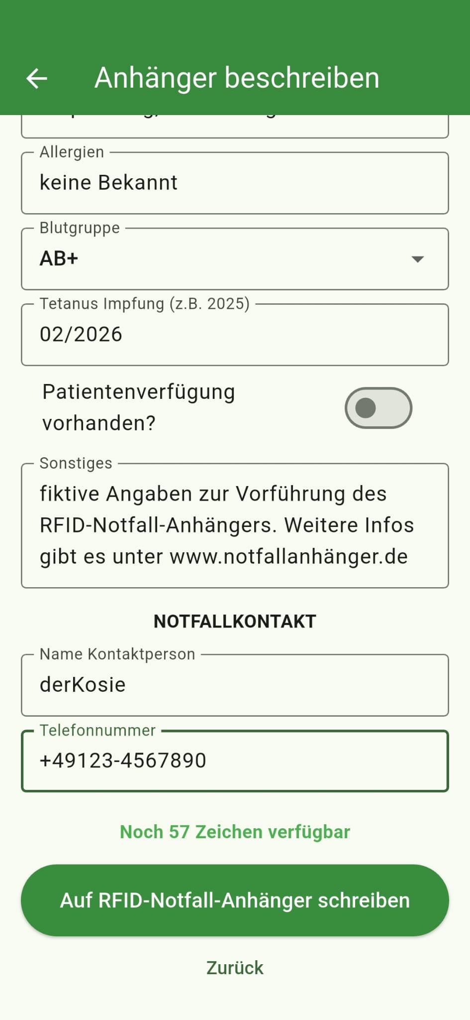App-Ansicht zum Beschreiben